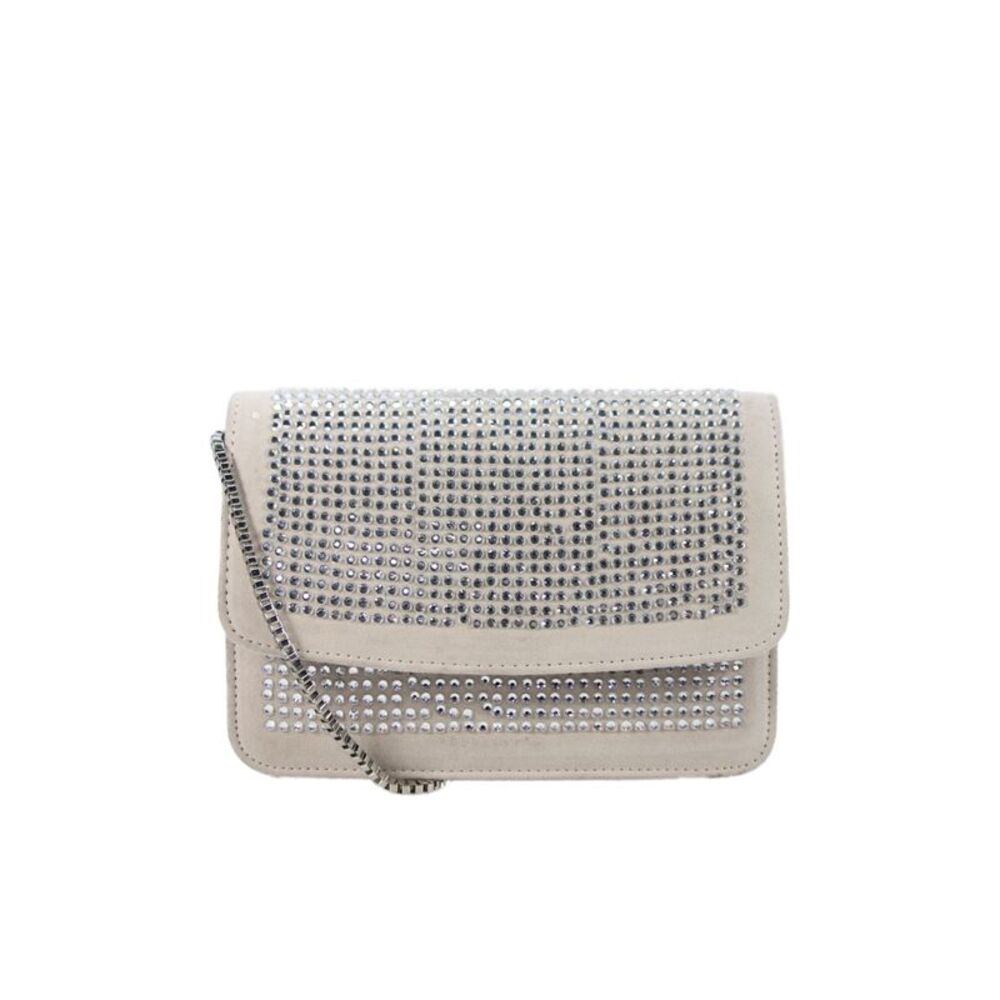 Big Buddha Womens Suede Rhinestone Chain Clutch Handbag Beige Silver